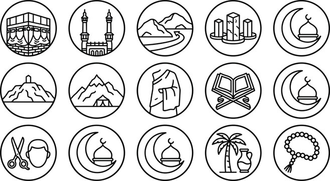Islamic Hajj and Umrah Pilgrimage Vector Icon Set with Kaaba Mosque Quran Ihram and Holy Landmarks for Ramadan Celebration Graphic Designs