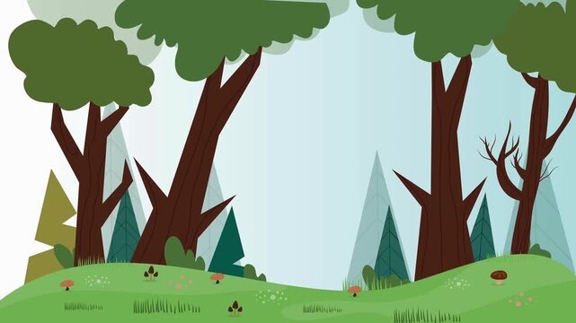 A peaceful vector forest landscape illustration featuring stylized trees and mushrooms in a lush woodland environment, crafted in a simple flat graphic art style, 11