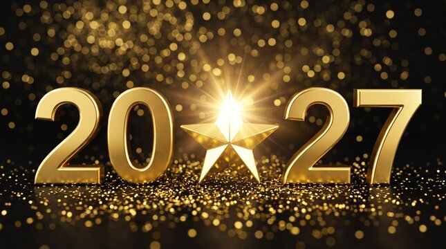 Shiny gold 2027 number with sparkling stars on a dark background for luxury new year celebrations and corporate milestone achievements