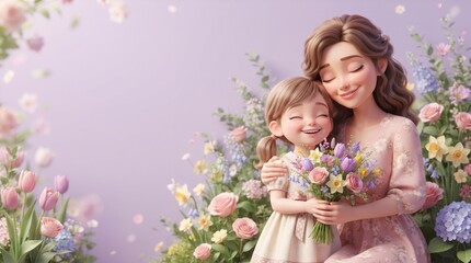 Fototapeta premium 3D Illustration of Loving Mother and Daughter Celebrating Mother's Day with Flowers