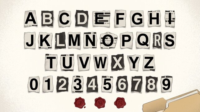 Alphabet and numbers composed of cut out newspaper letters arranged on a textured surface for a ransom note style message with typography