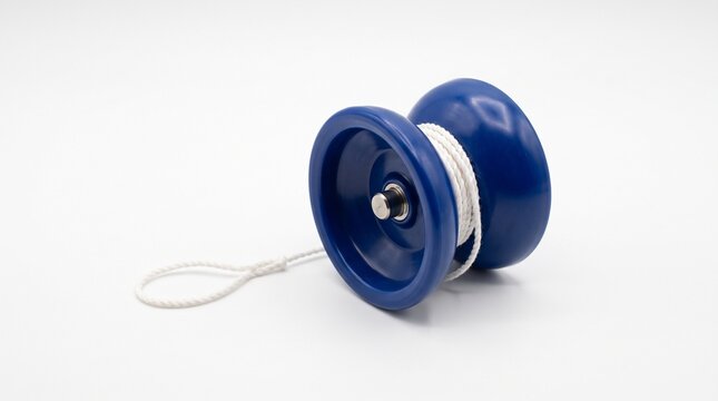 A simple blue yo-yo with a white string coiled around its axle, isolated on a clean white background