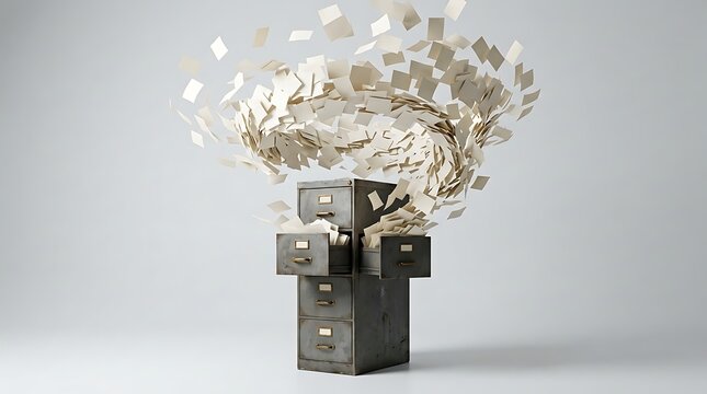 Vintage metal filing cabinet with papers exploding out of open drawers in a dynamic swirling motion representing data overload and office chaos