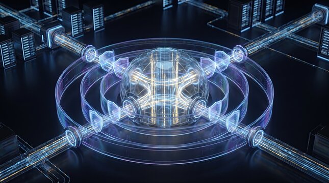 Confidential computing and secure enclave concept with a glowing digital sphere, data pipelines, and security shields in a futuristic server room, enterprise cybersecurity background