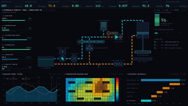 Explore a dark-mode hydraulic press dashboard showcasing pressure, temperature, leaks, and efficiency metrics with animated visualizations and a modern design aesthetic.