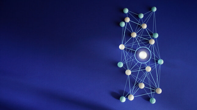 Business concept for network structure with connected people, showing teamwork,collaboration, stakeholder mapping, social graph, and business communication on blue background