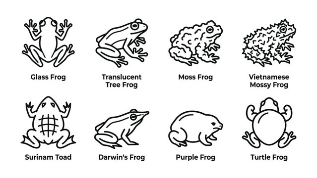 Collection of Frog Illustrations: A collection of eight distinct frog species illustrated in a simple, line-art style, each labeled with its common name.