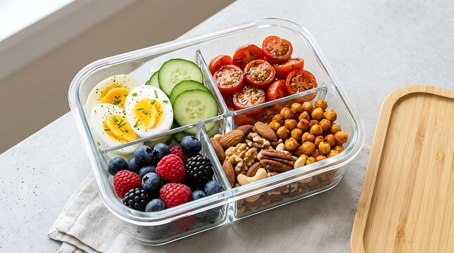 Healthy gym snacks packed in a glass meal prep container with boiled eggs, berries, nuts, and fresh veggies.