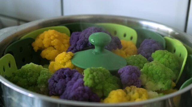 A close-up shot of purple, green, and yellow cauliflower florets cooking inside a steamer basket in a stainless steel pot, ideal for healthy eating and cooking content.