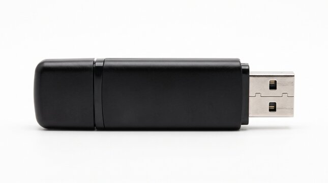 Black USB Flash Drive with Metal Connector on White Background