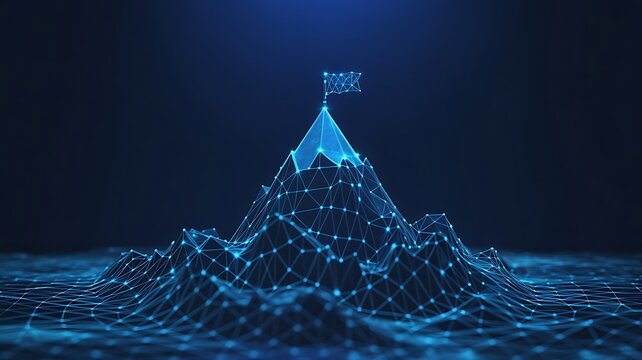 Geometric wireframe mountain peak with a glowing flag on representing digital success and achievement in a complex virtual data environment