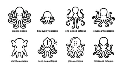 Fototapeta premium Collection of Octopus Icons: A graphic illustration showcasing eight distinct styles of octopus icons, each with unique characteristics, presented as a visual glossary.