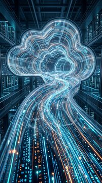 A vertical digital illustration showing a glowing cloud symbol formed by bright blue and orange data streams moving through a dark, high tech server room background.