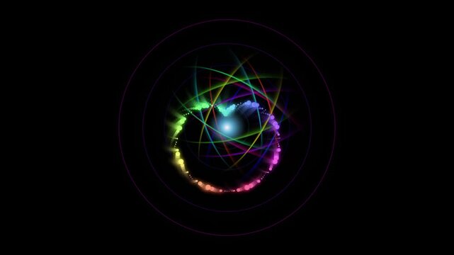 Quantum atomic model animation with colorful glowing particles and orbits atom physics science nucleus electron proton neutron molecule chemistry energy glow neon rainbow spectrum rings spheres dots