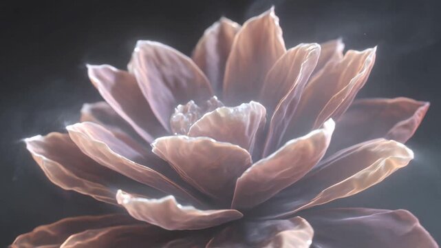 Cinematic macro video of a pale flower blossom opening through soft mist and glowing light with delicate translucent petals.