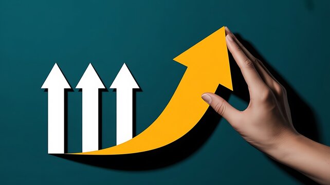 Hand adjusting a large yellow arrow pointing upward next to three white arrows representing financial growth and market success concept