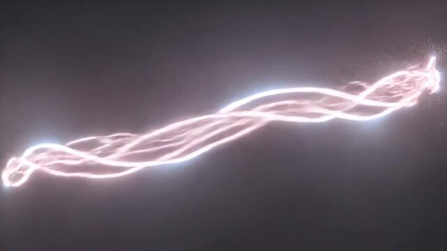 Abstract video animation of intertwined white and pink luminous light trails forming a glowing circular ring against a dark background.