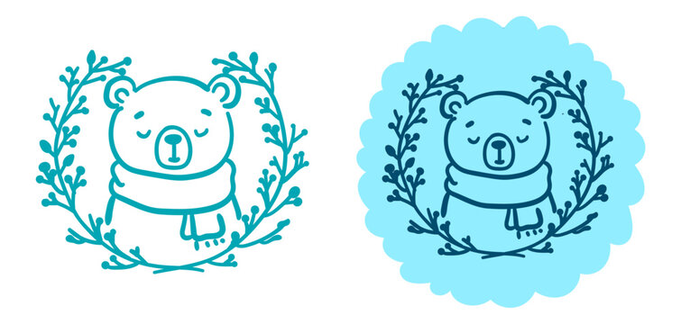 Cute hand drawn bear wearing a scarf inside a floral wreath, vector illustration