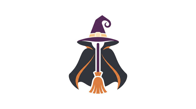 Witch logo design featuring purple hat and broomstick for Halloween celebration symbol