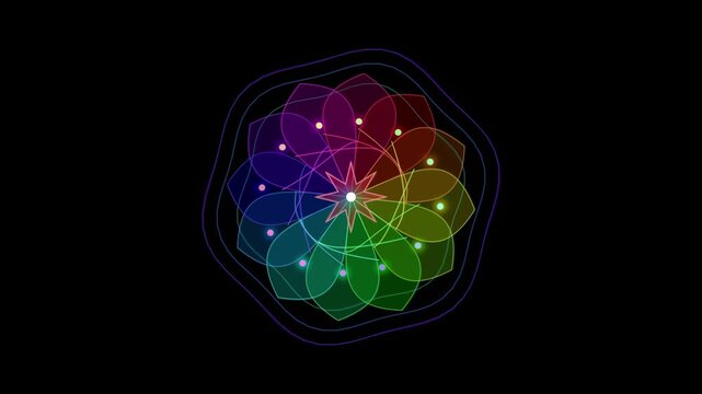 Colorful mandala flower geometric animation with glowing star and vibrant pastel petals against black background abstract pattern symmetry kaleidoscope spirituality meditation zen sacred geometry neon