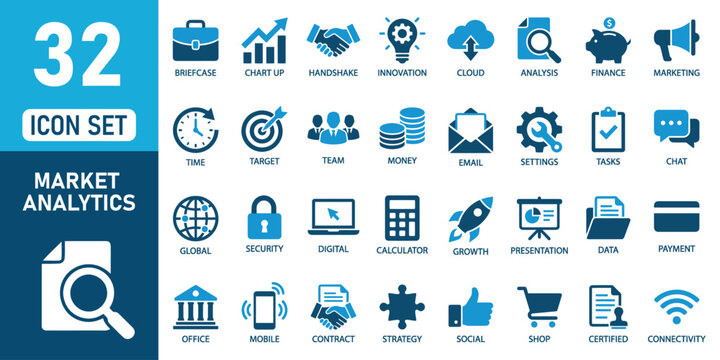 This comprehensive collection of 32 solid icons focuses on market analytics data visualization business intelligence and strategic decision making processes for