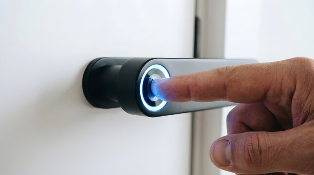 Close up of a hand using a fingerprint scanner embedded in a sleek black door handle with a bright blue ring light against a plain white door surface