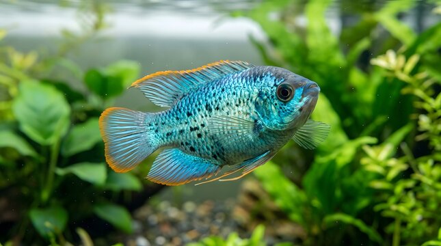 Electric blue acara cichlid swimming in a planted freshwater aquarium