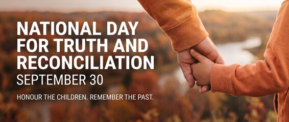 Fototapeta na wymiar National Day for Truth and Reconciliation September 30 banner. Adult holding child hand wearing orange shirts. Orange Shirt Day Canada concept.