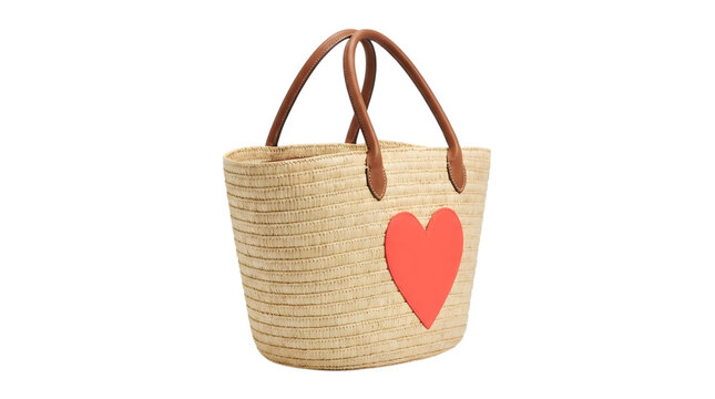 Stylish straw summer tote bag with a red heart patch isolated on transparent background
