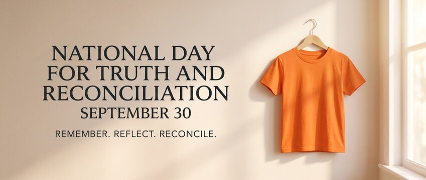 National Day for Truth and Reconciliation September 30 banner. Orange shirt hanging on hanger. Orange Shirt Day Canada background concept
