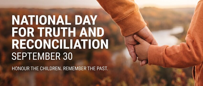 National Day for Truth and Reconciliation September 30 banner. Adult holding child hand wearing orange shirts. Orange Shirt Day Canada concept. 2026