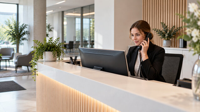 Professional hotel receptionist answering phone at modern front desk in luxury lobby