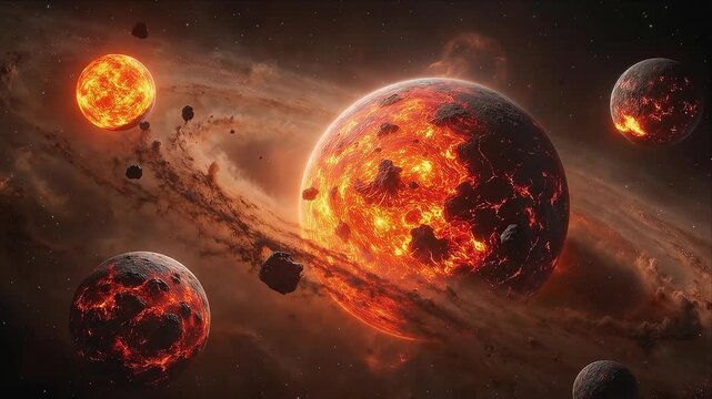 Volcanic Planet with Molten Lava, Fiery Moon, Glowing Asteroids, Cosmic Halloween Background, Dramatic Nebula, and Dark Starfield Creating Eerie Fantasy Space Atmosphere for Seasonal Design Use