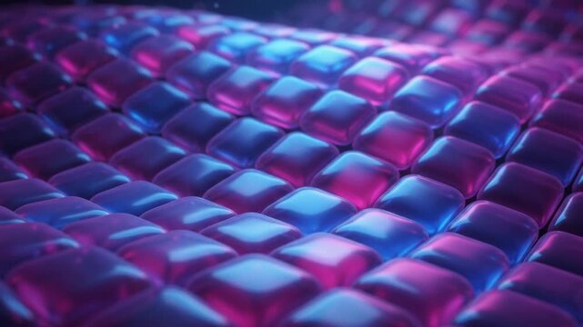 Abstract background of glowing blue and purple 3d cubes with a soft wavy surface