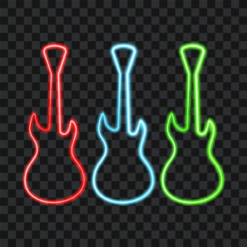 Neon guitar colorful set, vector illustration.