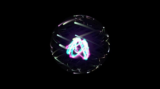 Quantum particle nucleus spinning inside glowing energy sphere atom neon science physics subatomic abstract animation futuristic technology orbit rotation spin motion graphic digital core plasma