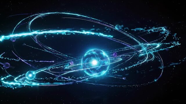 Digital Blue Energy Sphere with Luminous Orbital Trails and Glowing Planet on Dark Halloween Background, Futuristic Cosmic Network with Purple Moon and Celestial Light for Science Fiction Design