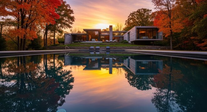 Modern luxury house photo with infinity pool and autumn foliage reflection at sunset