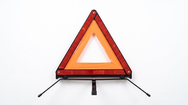 Reflective red and orange triangle warning sign for car breakdown safety on a white background