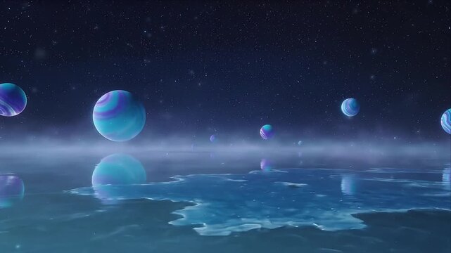 Surreal Halloween Background with Starry Alien Seascape, Glowing Violet Turquoise Planet, Cosmic Space Spheres, Reflective Water, Misty Landscape, Mysterious Night Atmosphere