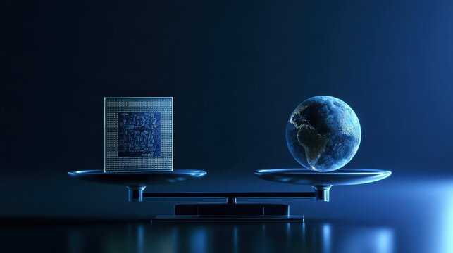 Balancing Technology and Nature: A Microchip Next to a Globe Symbolizing Innovation and Environmental Considerations in Modern Society