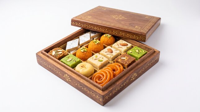 Assortment of Indian Sweets Mithai in a Decorative Wooden Box with Lid