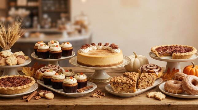 Assorted sweet cakes and pies on a rustic wooden table