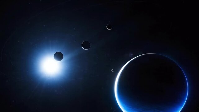 Halloween Background Featuring Glowing Blue Planet, Eclipsed Moon, Celestial Sphere, Crescent Planets, Bright Stars, Astronomy Space Scene, Dramatic Contrast, Mysterious Deep Blue Darkness and Cosmic