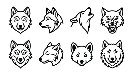 Fototapeta premium Set of Wolf Heads: A graphic illustration showcasing a collection of eight distinct wolf head icons, presented in a clean, minimalist line art style.