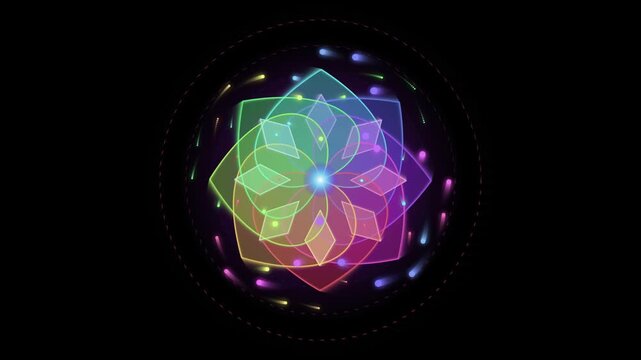 Colorful neon glowing geometric flower mandala rotating with orbiting light particles rotation animation orbits lights abstract pattern symetry energy mystical spirituality meditation zen psychedelic