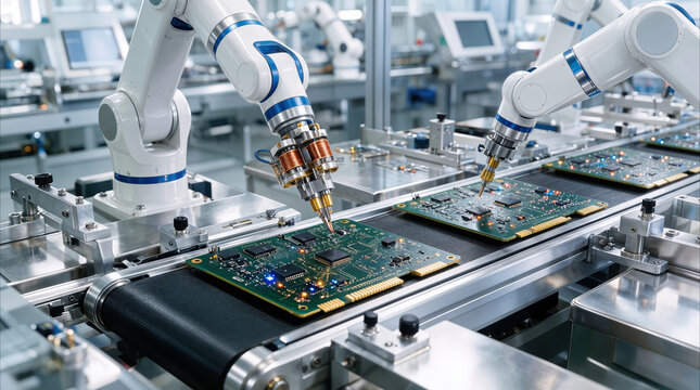 Precision robotic arms assembling circuit boards on a conveyor belt in a high-tech electronics manufacturing facility. Automated production line for microchip components.