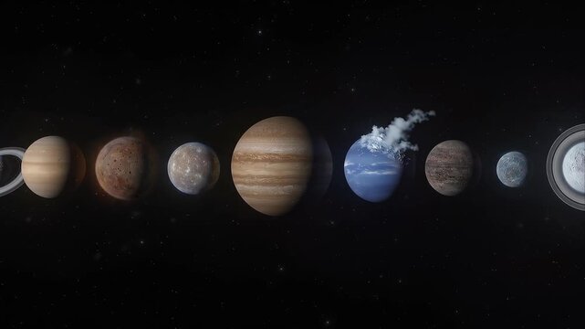 Solar System Planet Alignment Outer Space Illustration with Planetary Atmosphere, Colorful Spherical Worlds, Rings, Cosmic Starry Background, Realistic Textures, Orbital Scale, Educational Discovery