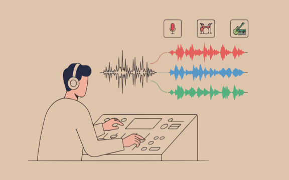 Music producer mixing multiple audio tracks