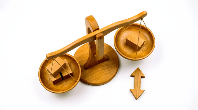 Wooden balance scale with three blocks on left side and single block on right demonstrating simple physics.
